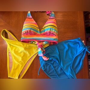 3 pc set Striped Multicolor Anne Cole Bikini Top with Yellow and Blue Bottoms